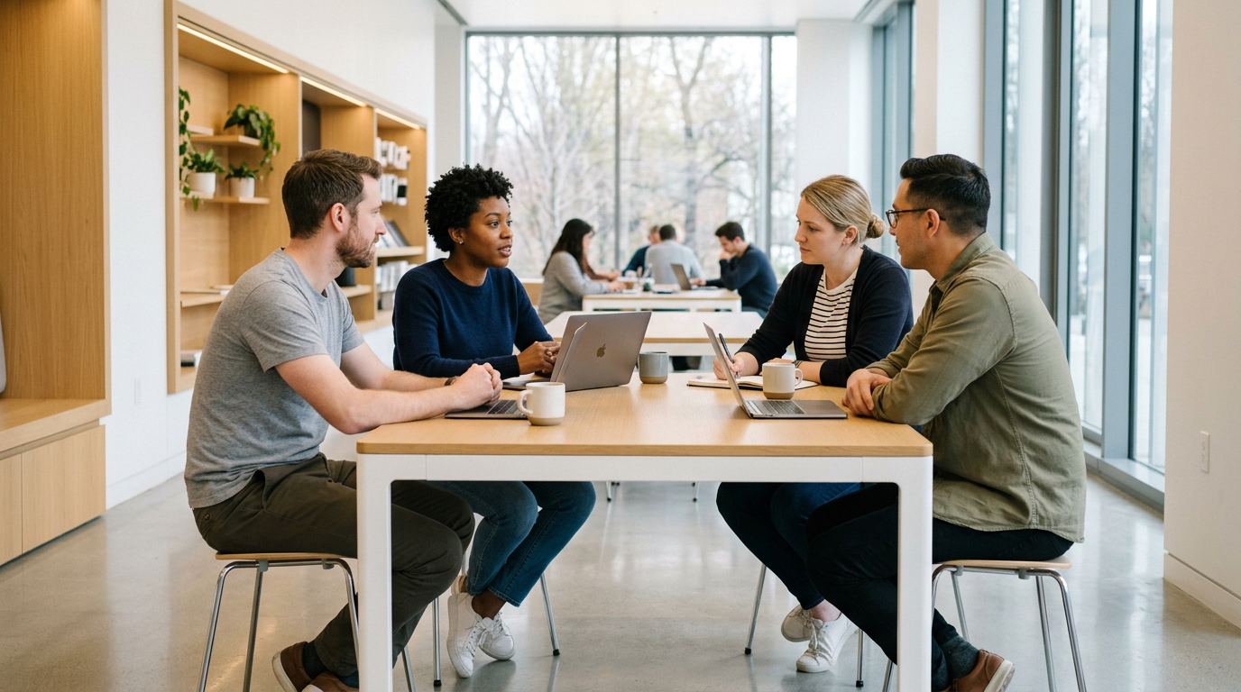 The Ezyconnect Media team collaborating in a bright studio workspace